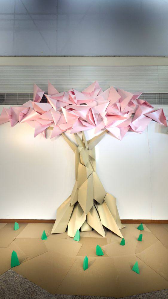 Folded paper blossom tree sculpture by André Minato