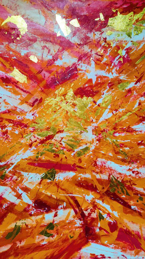 Gestural gold-leaf abstract painting in red, orange and pink by André Minato